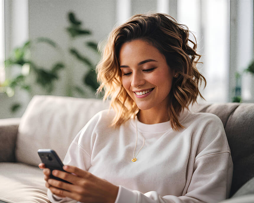 A radiant young woman with a charming smile looks at her phone, likely admiring the results of her latest visit to a beauty salon.